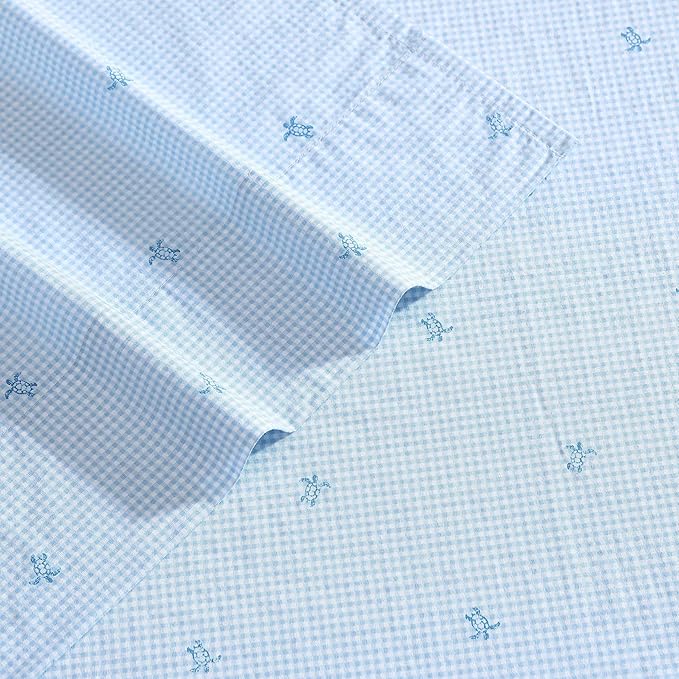 Laura Ashley - Queen Sheets, Cotton Percale Bedding Set, Lightweight & Breathable Home Decor (Turtle Gingham Blue, Queen)