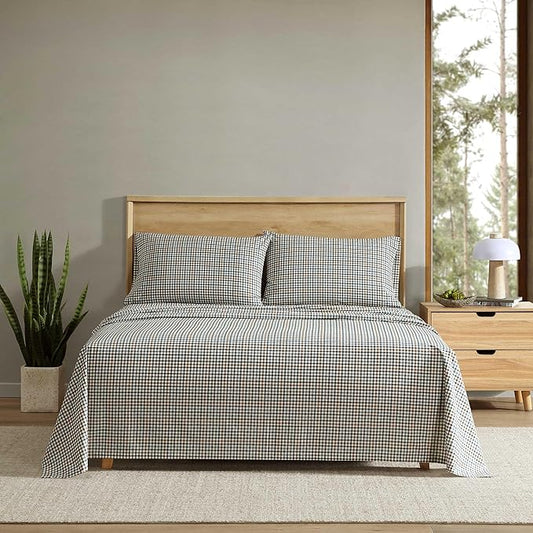 Eddie Bauer - Full Sheet Set, Crisp & Cooling Sheets w/a Naturally Smooth Cotton Percale Lightweight Feel - Matching Pillowcases & Deep Pocket Fitted Sheet (Griffin Plaid Beige)