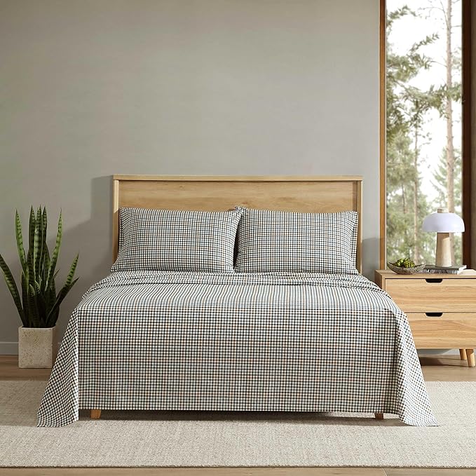 Eddie Bauer - Twin Sheet Set, Crisp & Cooling Sheets w/a Naturally Smooth Cotton Percale Lightweight Feel - Matching Pillowcase & Deep Pocket Fitted Sheet (Griffin Plaid Beige)