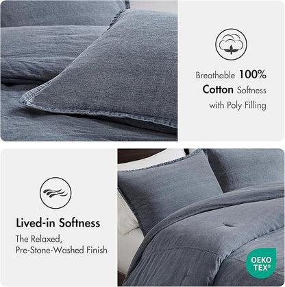 Woolrich King Comforter Set Cotton Stone Washed, Oversized Comforters King Size Bed, All Season Down Alternative Overfilled King Size Comforter, McKenzie, King/Cal King Blue 3 Piece