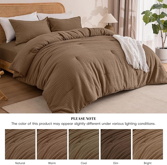 PHF Soft Waffle Comforter Set Queen Size- Comfy Breathable Waffle Weave Comforter with 2 Pillow Shams, 3 Pieces Less Snagging Lightweight Textured Bedding Set for All Season, Mocha