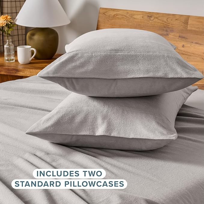 Bare Home Flannel Standard Pillowcases Set of 2-100% Cotton - Velvety Soft & Cozy - Double Brushed Heavyweight Flannel Pillowcases (Standard Pillowcase Set of 2, Light Grey)