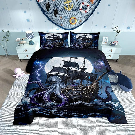 Castle Fairy Octopus Pirate Ship Comforter Set Toddler Size 2 Pcs,Moon Lightning Galaxy Night Sky Bedding Sets for Kids Teens Adults,Wild Sealife Ocean Sailing Quilted Comforter with 1 Pillowcase