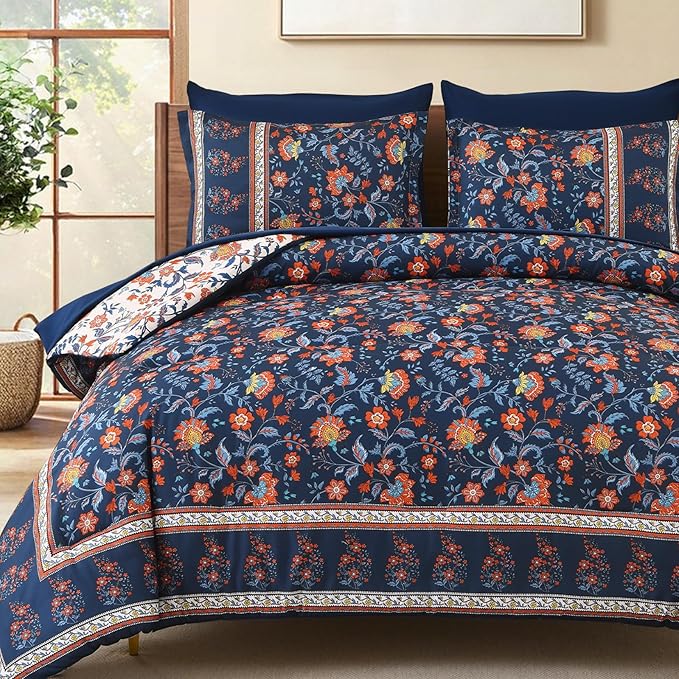 Dinjoy Comforter Set King Size Boho, Reversible Navy Bedding Paisley Floral 7 Piece Bed in a Bag Soft Lightweight Bohemain Comforters with Sheet Sets for All Season