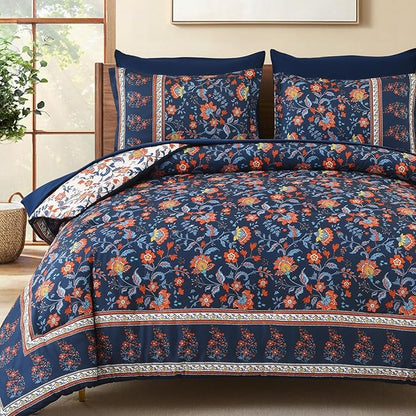 Dinjoy Comforter Set King Size Boho, Reversible Navy Bedding Paisley Floral 7 Piece Bed in a Bag Soft Lightweight Bohemain Comforters with Sheet Sets for All Season