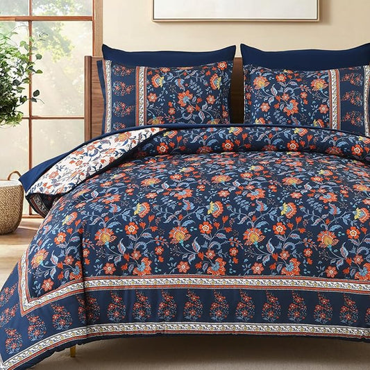 Dinjoy Comforter Set King Size Boho, Reversible Navy Bedding Paisley Floral 7 Piece Bed in a Bag Soft Lightweight Bohemain Comforters with Sheet Sets for All Season
