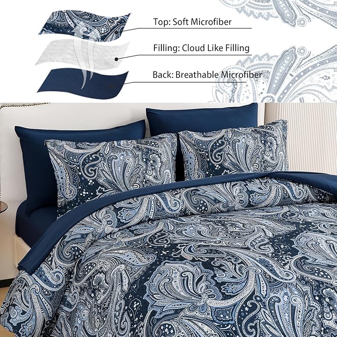 DJY Navy Paisley Comforter Set Queen Size 7 Piece Bed in a Bag Boho Paisley Pattern Comforter Set Soft Lightweight Microfiber Blue Reversible Bedding Set for All Season (90''x90'')