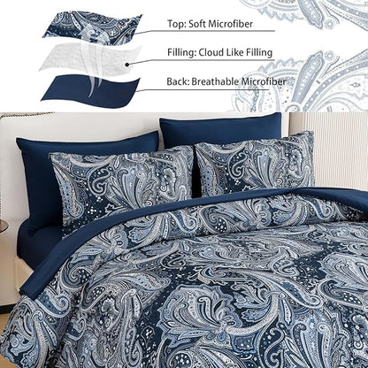 DJY Navy Paisley Comforter Set Queen Size 7 Piece Bed in a Bag Boho Paisley Pattern Comforter Set Soft Lightweight Microfiber Blue Reversible Bedding Set for All Season (90''x90'')