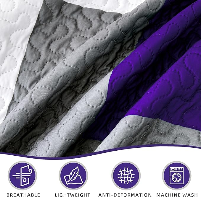 2 Piece Dark Purple Grey Quilt Set Twin Size Black White Gray Geometric Reversible Bedding Set Microfiber Lightweight Bedspread Coverlet with 1 Sham Modern Bed Covers for All Season, 68''x86''
