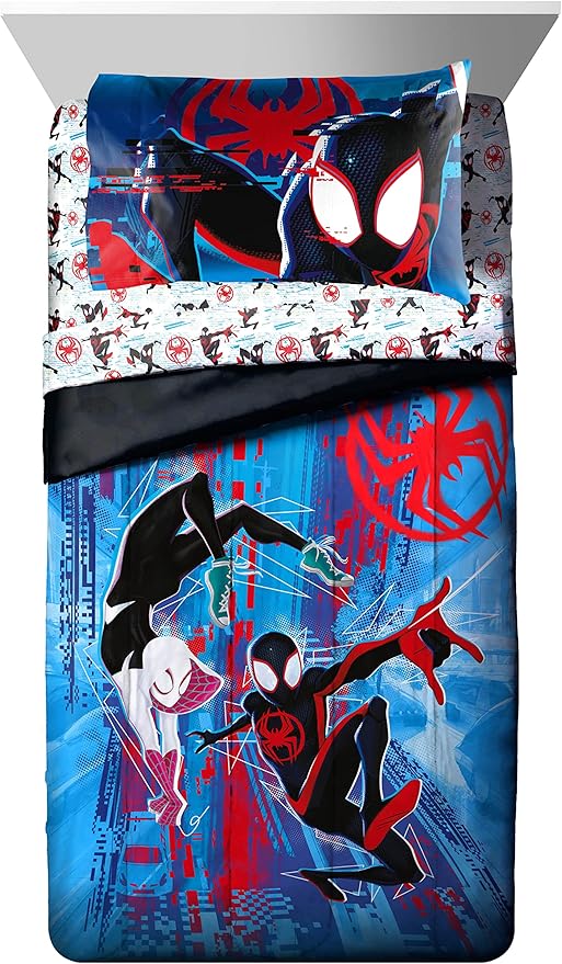 Marvel Spiderman Across The Spider-Verse Glitch 7 Piece Full Size Bed Set - Includes Comforter & Sheet Set Bedding - Super Soft Fade Resistant Microfiber (Official Product)