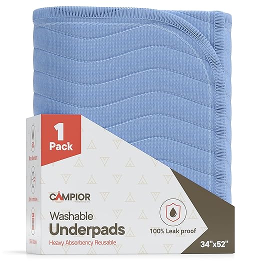 Washable Underpads Extra Large 34"x52" (Pack of 1) – Reusable Waterproof Bed Pads for Adults & Seniors, Extra Heavy Absorbency Incontinence & Bedwetting Pads, Soft Non-Slip TPU Backing, Blue.