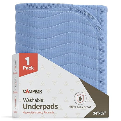 Washable Underpads Extra Large 34"x52" (Pack of 1) – Reusable Waterproof Bed Pads for Adults & Seniors, Extra Heavy Absorbency Incontinence & Bedwetting Pads, Soft Non-Slip TPU Backing, Blue.