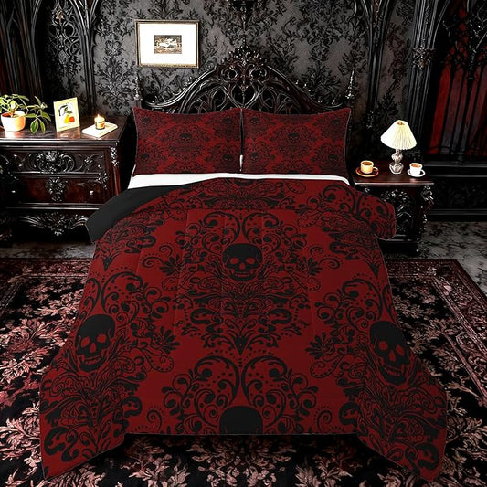 Feelyou Adults Gothic Skull Bedding Set Queen Size Kids Damask Print Comforter Goth Bohemian Duvet Breathable Soft Lightweight Microfiber Black Red Room Decor with 2 Pillowcases