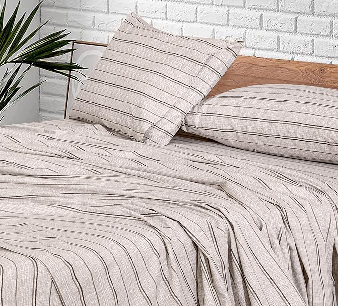 RUVANTI 100% Cotton Sheets – California King Percale Bedding, Cooling & Breathable Floral Design, Durable with a Crisp, Soft & Comfortable Feel, 14" Deep Pocket, 4-Piece Set, Brown Stripes