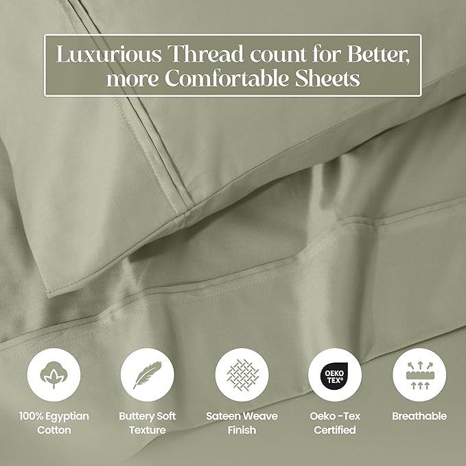 1200 Thread Count 100% Egyptian Cotton, Soft and Breathable, 2-Piece King Pillowcase Set Solid, Sage