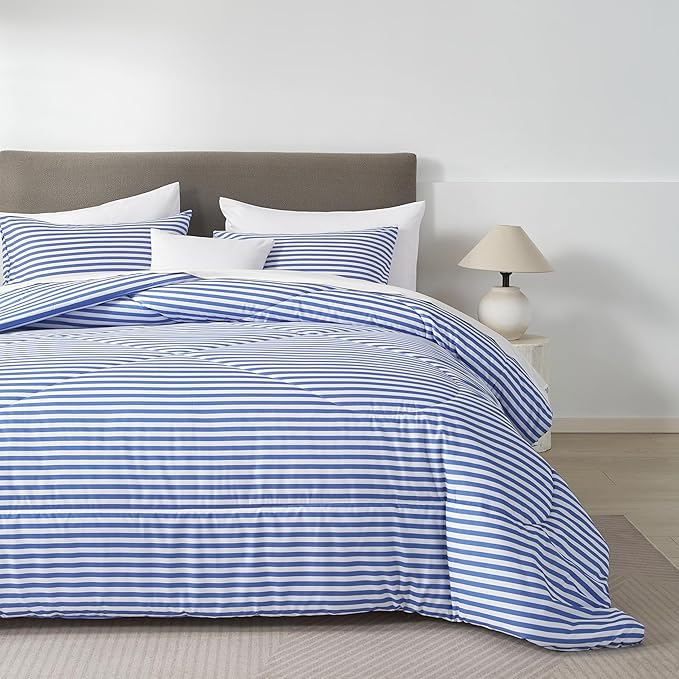 mixinni Striped Comforter Set Queen Size - Blue Stripes Pattern Bed Set for All Season, 3 Pieces Lightweight Bedding Comforter Sets for All Seasons (1 Soft Fluffy Comforter + 2 Pillowcases)