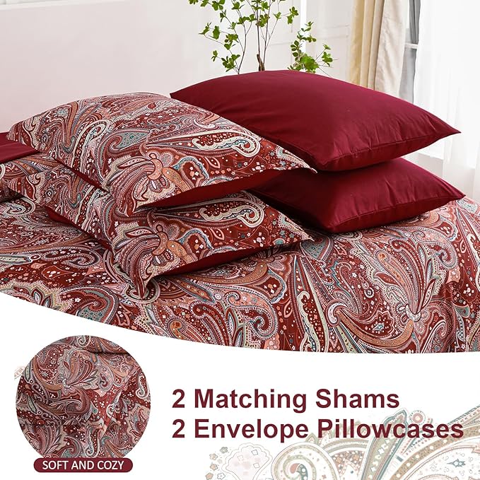 DJY Red Paisley Comforter Set King Size, 7 Piece Bed in a Bag Boho Paisley Pattern Comforter Set Soft Lightweight Microfiber Reversible Bedding Set for All Season (104''x90'')