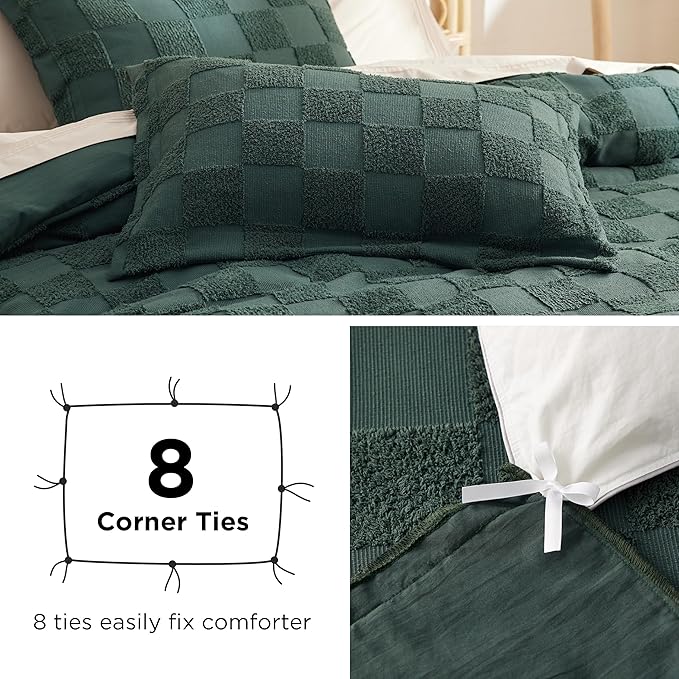 Bedsure Boho Kids Duvet Cover King Size（Duvet Insert/Comforter not Included - Checkered King Duvet Cover for All Seasons, Soft Shabby Chic Boho Bedding (Green, 104" x 90")