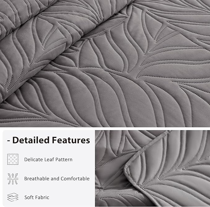 EXQ Home Quilt Set Full Queen Size Grey 3 Piece,Lightweight Soft Coverlet Modern Style Leaf Pattern Bedspread Set(1 Quilt,2 Pillow Shams)