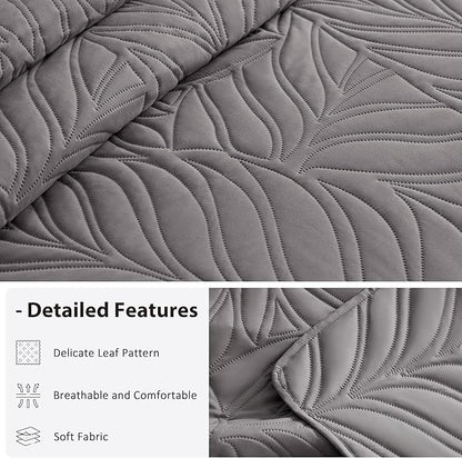 EXQ Home Quilt Set Full Queen Size Grey 3 Piece,Lightweight Soft Coverlet Modern Style Leaf Pattern Bedspread Set(1 Quilt,2 Pillow Shams)