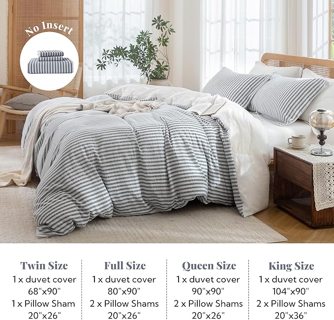 MILDLY Striped Duvet Cover Set - 100% Washed Cotton Charcoal Grey Boho Jacquard Textured Comforter Cover 3pcs with Zipper Closure 104"x90"