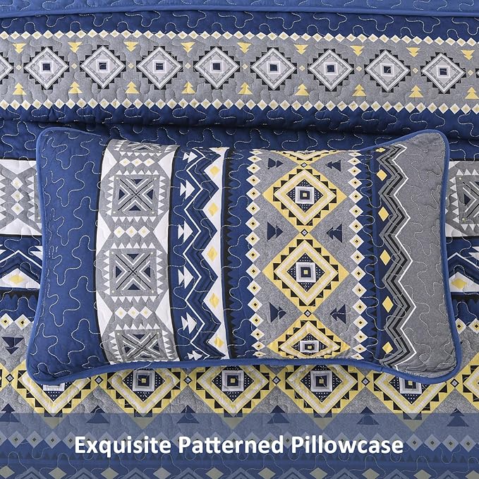 WONGS BEDDING 3 Pieces Quilt Set Queen Size, Navy Blue Quilt Bedspread Lightweight Bohemian Coverlet Set with 2 Pillowcase, Soft Geometry Printed Bedding Set Queen for All Season 96"×90"