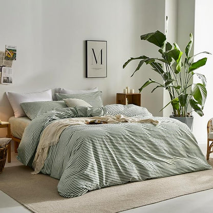 JELLYMONI 100% Natural Cotton 3pcs Striped Duvet Cover Sets,White Duvet Cover with Green Stripes Pattern Printed Comforter Cover,with Zipper Closure & Corner Ties(Full Size)