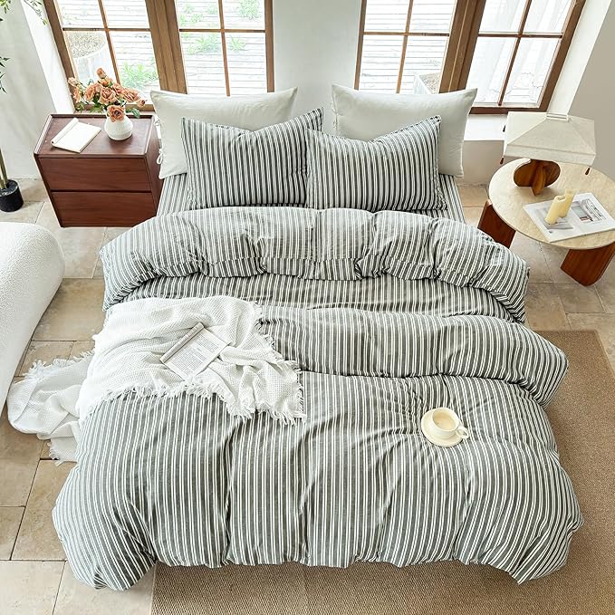 Striped Duvet Cover Set 100% Washed Cotton Linen Like Soft Feelling Breathable Bedding(Olive Green/White Strip,King)
