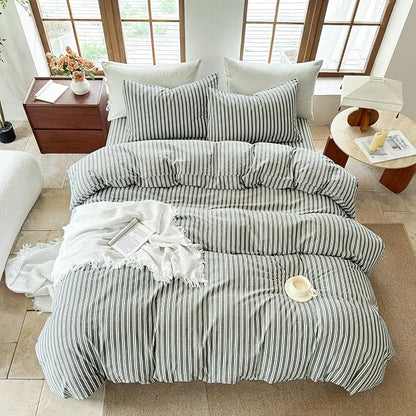 Striped Duvet Cover Set 100% Washed Cotton Linen Like Soft Feelling Breathable Bedding(Olive Green/White Strip,King)