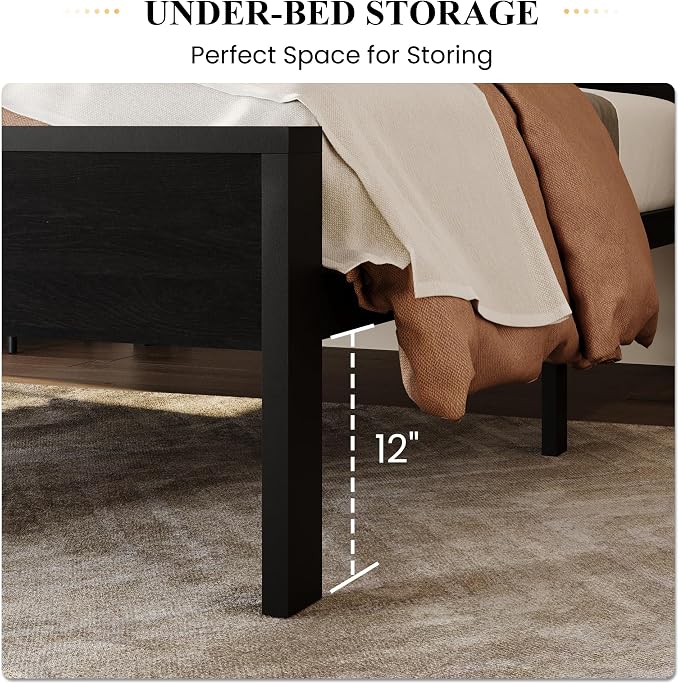 SHA CERLIN 14 Inch Twin Size Metal Platform Bed Frame with Wooden Headboard and Footboard, Mattress Foundation, No Box Spring Needed, Large Under Bed Storage, Heavy Duty Slats Support, Black Oak