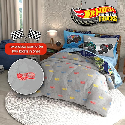 Monster Trucks x Hot Wheels Bedding Set, Full Size 7 Piece Set Kids Super Soft Cozy Reversible Comforter and Sheet Set with Sham, (100% Officially Licensed Product) by Franco