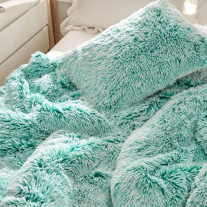 Luxury Faux Fur Shaggy Comforter Set King Size, Plush & Sherpa Reversible Comforter Teal with White, 3 Pieces Fluffy Fuzzy Bedding Set Ultra Soft and Warm for Winter (1 Comforter + 2 Pillowcases)