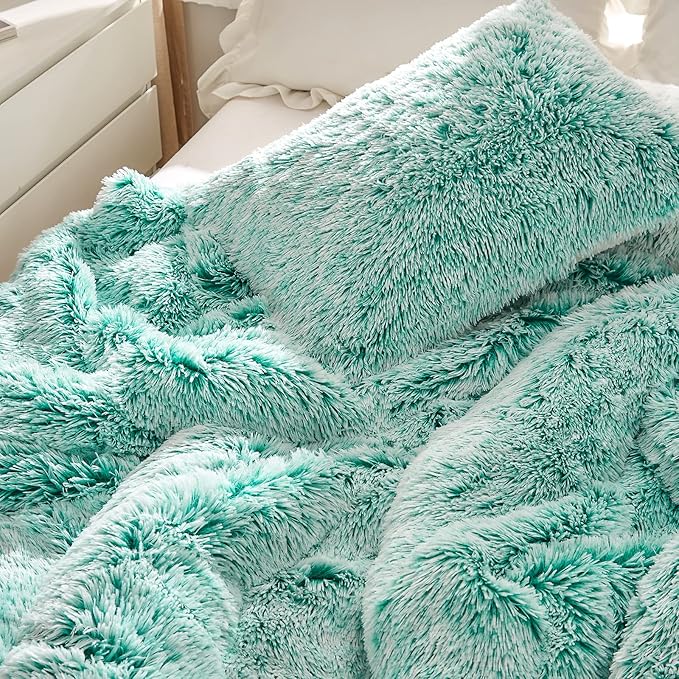 Luxury Faux Fur Shaggy Comforter Set Full/Queen Size, Plush & Sherpa Reversible Comforter Teal with White, 3-Piece Fluffy Fuzzy Bedding Set Ultra Soft and Warm for Winter (1 Comforter + 2 Pillowcases)