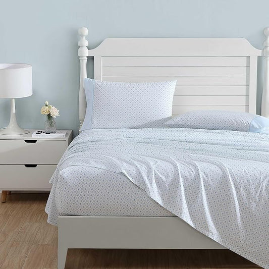 Laura Ashley - Full Sheet Set, Crisp & Cool Cotton Percale Bedding with Deep Pockets, Lightweight for Year Round Comfort, Bed Sheets with Matching Pillowcases (Kate Blue)