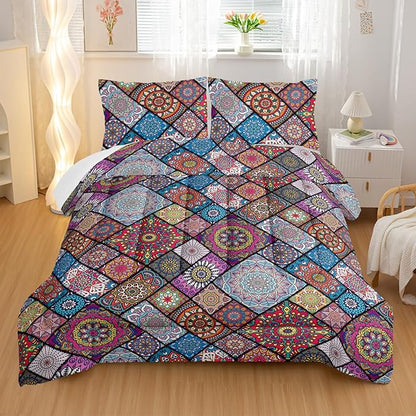 Colorful Bohemian Comforter Sets Full Size,Retro Grid Bedding Set for Your Room,Abstract Soft Lightweight Quilted Set All Season,1 Comforter and 2 Pillowcases