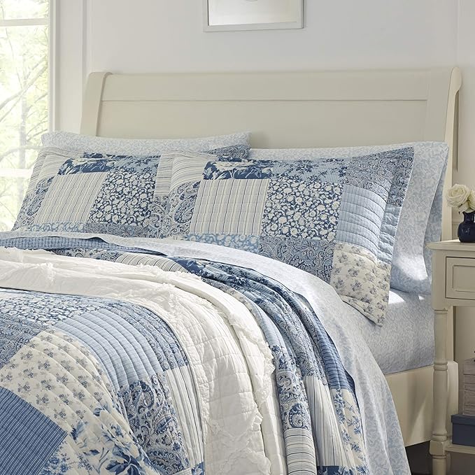 Laura Ashley - Queen Quilt Set, Soft & Reversible Cotton Floral Bedding with a Medium Weight Feel, 3 Piece Bed Set with Matching Pillowcases (Paisley Patchwork Blue)