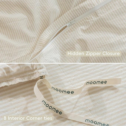 MooMee Striped Duvet Cover Set 100% Washed Cotton Linen Like Textured Breathable Durable Soft Comfy (Almond Milk Grey Pinstripes, Oversized King Plus 128"x120")