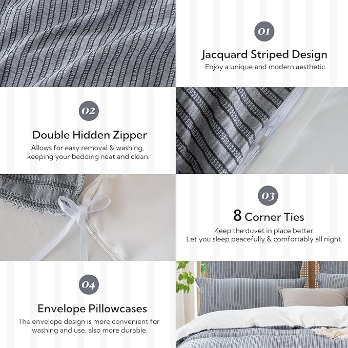 MILDLY Jacquard Stripe Duvet Cover - 100% Washed Cotton Charcoal Boho Textured Comforter Cover Set with Zipper Closure 68"x90"
