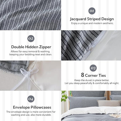 MILDLY Jacquard Stripe Duvet Cover - 100% Washed Cotton Charcoal Boho Textured Comforter Cover Set with Zipper Closure 104"x90"