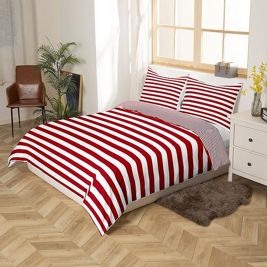 Girl Stripe Comforter Set Twin Size Red White Ticking Stripes Bedding Set Bedroom Decor Horizontal Striped Lines Reversible Down Comforter for Kids Women Modern Abstract Soft Lightweight Duvet Set