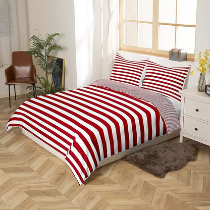 Girl Stripe Comforter Set Queen Size Red White Ticking Stripes Bedding Set Bedroom Decor Horizontal Striped Lines Reversible Down Comforter for Kids Women Modern Abstract Soft Lightweight Duvet Set