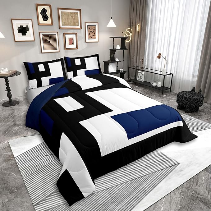 Erosebridal Black and White Striped Comforter Set Twin Size,Abstract Square Bedding for Kids Teens Adult,Modern Geometric Stripes Bold Lines Quilt,Minimalist Stylish Plaids Duvet Insert