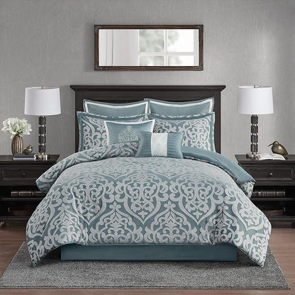 Madison Park Odette Cozy Comforter Set Jacquard Damask Medallion Design - Modern All Season, Down Alternative Bedding, Shams, Decorative Pillows, Cal King(104 in x 92 in), Aqua