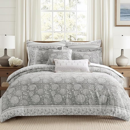 Levtex Home Adare Grey Reversible Twin/Twin XL Comforter Set (68x88in) with 1 Pillowcase (26x20in) - Floral Bedding - Grey and White - 100% Cotton Twin Size Comforter Set - Soft, Pre-Washed