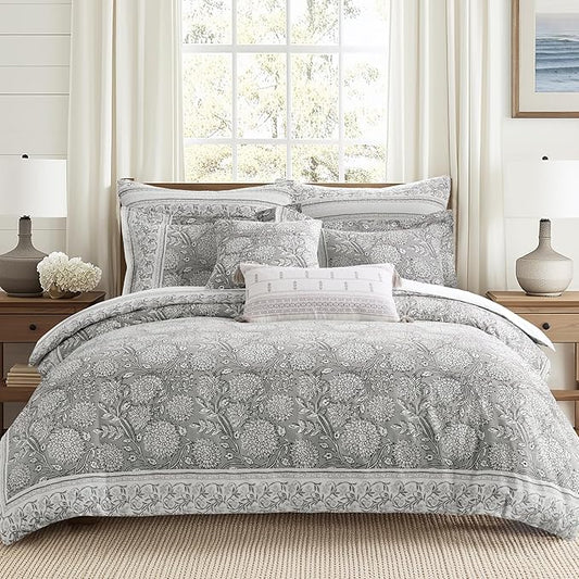 Levtex Home Adare Grey Reversible Full/Queen Comforter Set (90x94in) with 2 Pillowcases (26x20in) - Floral Bedding - Grey and White - 100% Cotton Full/Queen Size Comforter Set - Soft, Pre-Washed