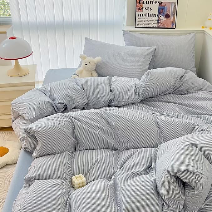 MKXI Ultra-Breathable Washed Cotton Duvet Cover Set, Queen 3-Piece Set - Fine Blue & White Stripes - Textured, Comfy Bedding - Coastal, Farmhouse, Minimalist Style