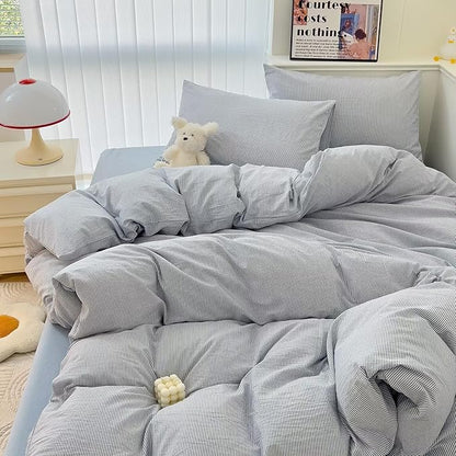 MKXI Ultra-Breathable Washed Cotton Duvet Cover Set, Queen 3-Piece Set - Fine Blue & White Stripes - Textured, Comfy Bedding - Coastal, Farmhouse, Minimalist Style