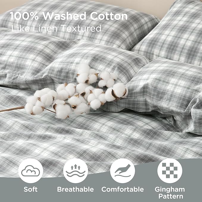 TOCOMOA Plaid Duvet Cover Set 100% Washed Cotton Like Linen Feel Super Soft Comfy 3 Piece Grey and Green Gingham Checkered Bedding Comforter Cover Set (Queen 90"x90", Comforter Not Included)