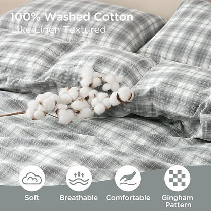 TOCOMOA Plaid Duvet Cover Set 100% Washed Cotton Like Linen Feel Super Soft Comfy 3 Piece Grey and Green Gingham Checkered Bedding Comforter Cover Set (Queen 90"x90", Comforter Not Included)
