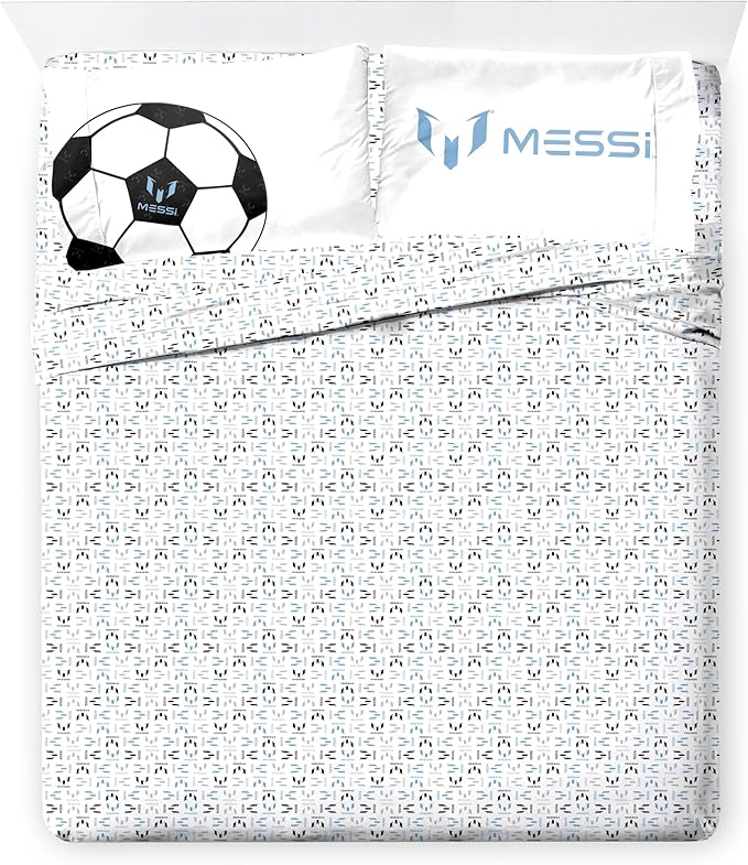 Jay Franco Kids Comforter Set Includes Sheets and Pillow Cover - Soft and Cozy Bed Set for Stylish Room Décor, White - Messi, 7 Piece Queen
